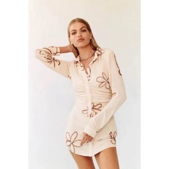 NWT With Jean Dress Andy Textured Button-Down Mini Cream Chalk & Flowers XXS - Picture 2 of 10